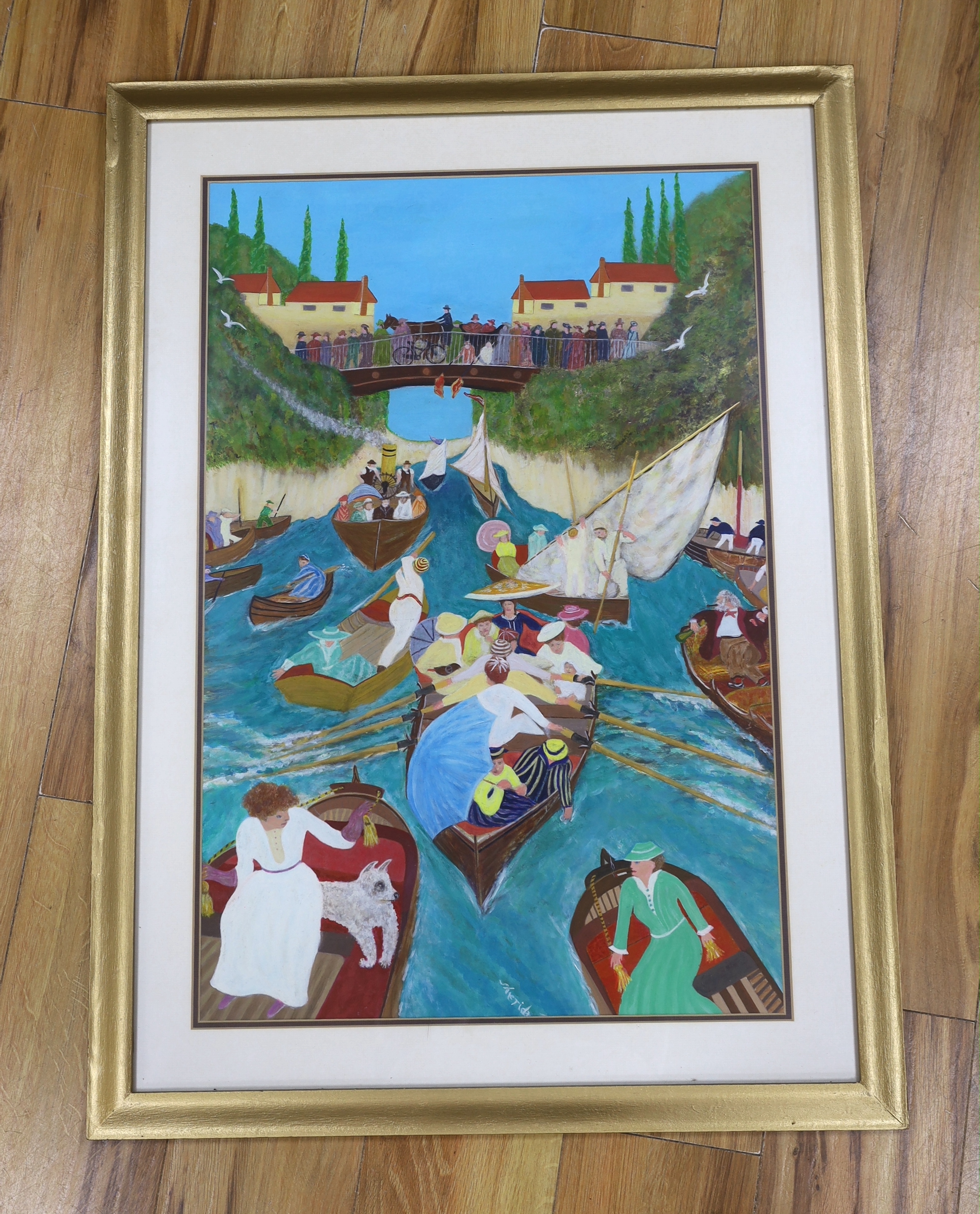 Sheridan, modern British, oil on board, Boating scene beneath a bridge, signed, 70 x 47cm